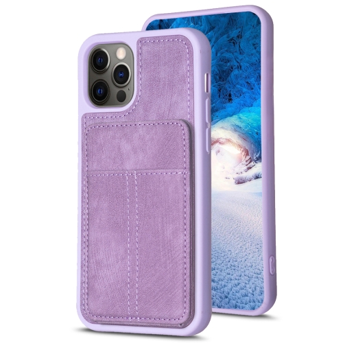 

For iPhone 12 / 12 Pro BF28 Frosted Card Bag Phone Case with Holder(Purple)