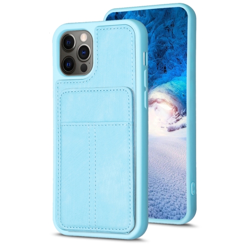 

For iPhone 12 / 12 Pro BF28 Frosted Card Bag Phone Case with Holder(Blue)