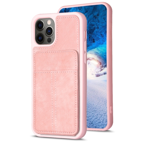 

For iPhone 12 / 12 Pro BF28 Frosted Card Bag Phone Case with Holder(Pink)
