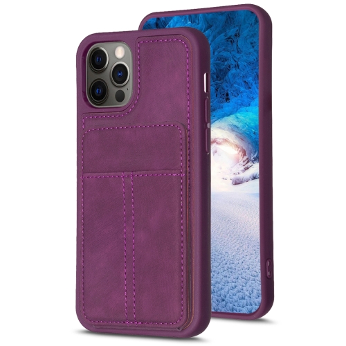 

For iPhone 12 / 12 Pro BF28 Frosted Card Bag Phone Case with Holder(Dark Purple)