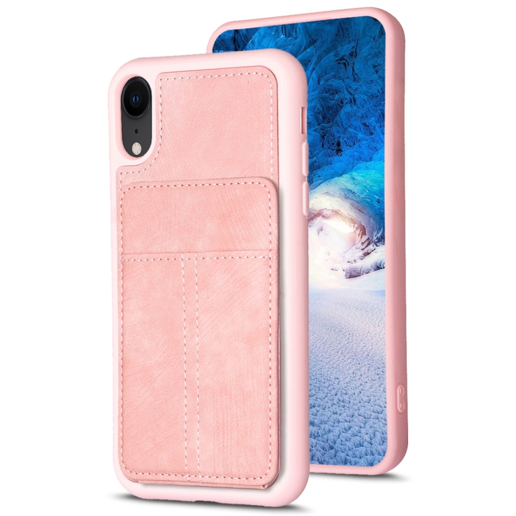 

For iPhone XR BF28 Frosted Card Bag Phone Case with Holder(Pink)
