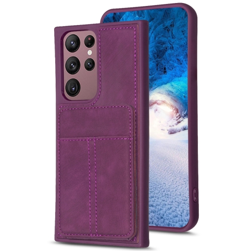 

For Samsung Galaxy S22 Ultra 5G BF28 Frosted Card Bag Phone Case with Holder(Dark Purple)