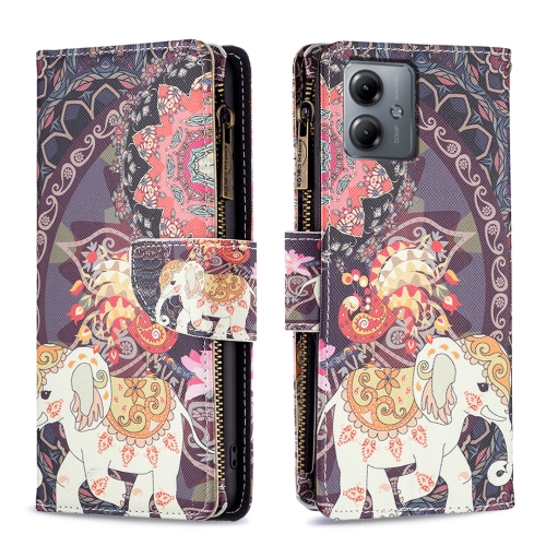 

For Motorola Moto G14 4G Colored Drawing Pattern Zipper Leather Phone Case(Flower Elephant)