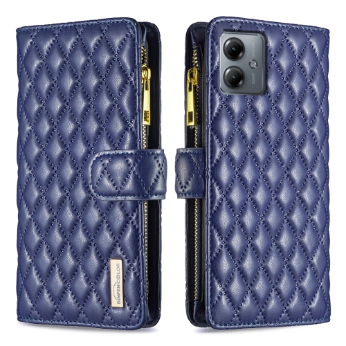 

For Motorola Moto G14 4G Diamond Lattice Zipper Wallet Leather Flip Phone Case(Blue)