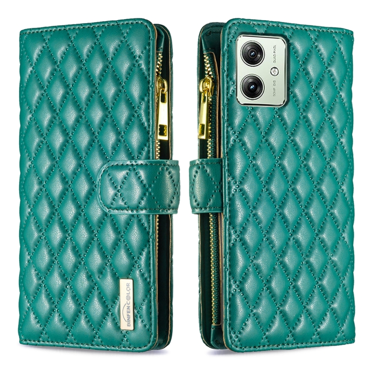 

For Motorola Moto G54 5G EU Edition Diamond Lattice Zipper Wallet Leather Flip Phone Case(Green)