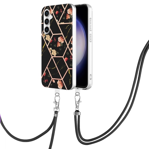 

For Samsung Galaxy S23 FE 5G Electroplating Splicing Marble Flower IMD TPU Phone Case with Lanyard(Black Flower)