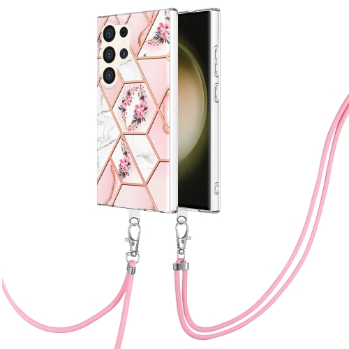 

For Samsung Galaxy S24 Ultra 5G Electroplating Splicing Marble Flower IMD TPU Phone Case with Lanyard(Pink Flower)