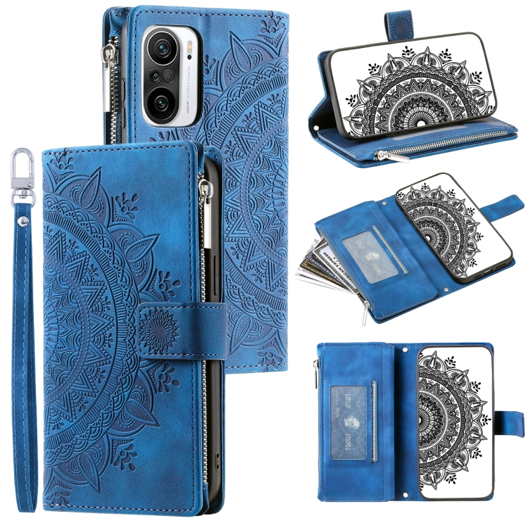 

For Xiaomi Redmi K40 Multi-Card Totem Zipper Leather Phone Case(Blue)