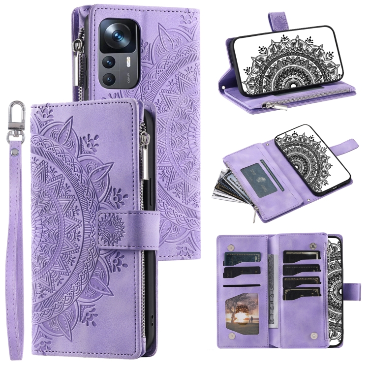 

For Xiaomi 12T / 12T Pro Multi-Card Totem Zipper Leather Phone Case(Purple)