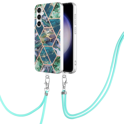 

For Samsung Galaxy S23 FE 5G Electroplating IMD Splicing Dual-side Marble TPU Phone Case with Lanyard(Blue Green)