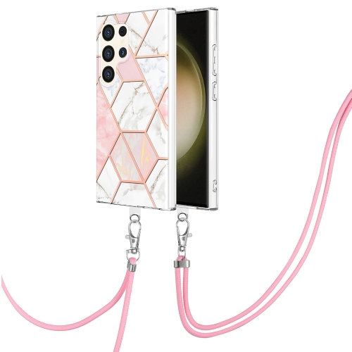 

For Samsung Galaxy S24 Ultra 5G Electroplating IMD Splicing Dual-side Marble TPU Phone Case with Lanyard(Pink White)