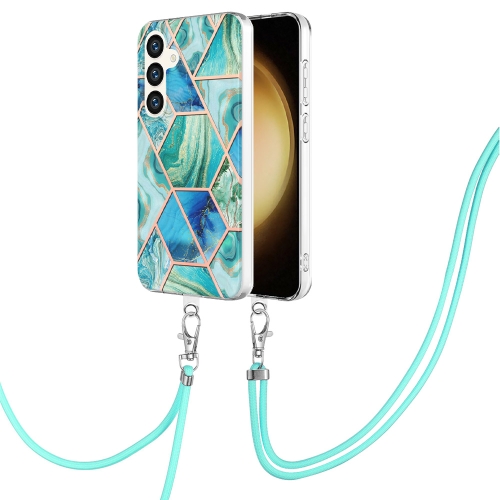 

For Samsung Galaxy S24+ 5G Electroplating IMD Splicing Dual-side Marble TPU Phone Case with Lanyard(Green)