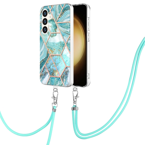 

For Samsung Galaxy S24 5G Electroplating IMD Splicing Dual-side Marble TPU Phone Case with Lanyard(Blue)