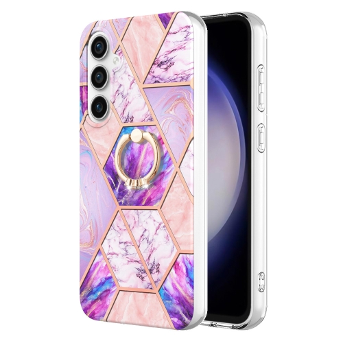 

For Samsung Galaxy S23 FE 5G Splicing Marble Flower IMD TPU Phone Case Ring Holder(Light Purple)