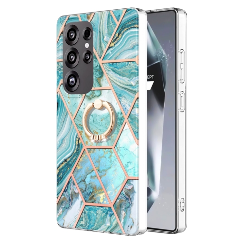 

For Samsung Galaxy S25 Ultra 5G Splicing Marble Flower IMD TPU Phone Case Ring Holder(Blue)