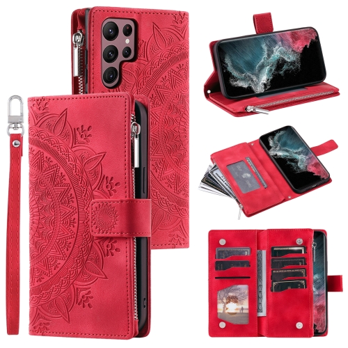 

For Samsung Galaxy S23 Ultra 5G Multi-Card Totem Zipper Leather Phone Case(Red)