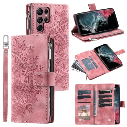 

For Samsung Galaxy S23 Ultra 5G Multi-Card Totem Zipper Leather Phone Case(Pink)