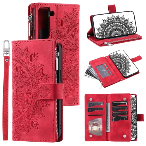 

For Samsung Galaxy S22 5G Multi-Card Totem Zipper Leather Phone Case(Red)