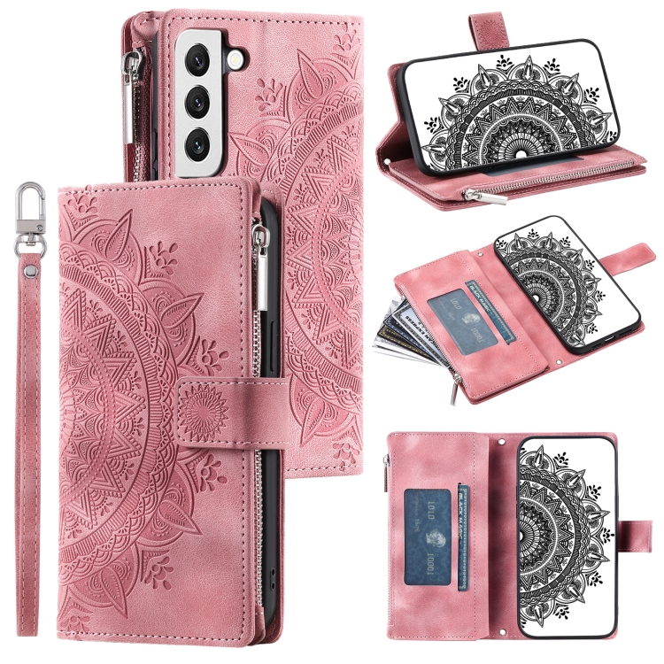 

For Samsung Galaxy S22 5G Multi-Card Totem Zipper Leather Phone Case(Pink)