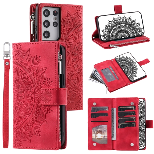 

For Samsung Galaxy S21 Ultra 5G Multi-Card Totem Zipper Leather Phone Case(Red)