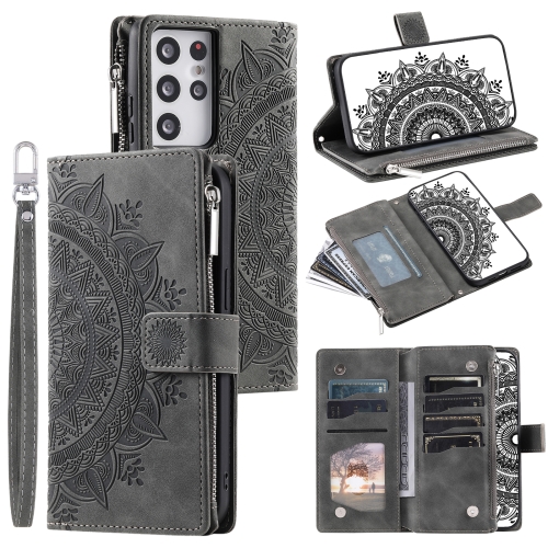 

For Samsung Galaxy S21 Ultra 5G Multi-Card Totem Zipper Leather Phone Case(Grey)