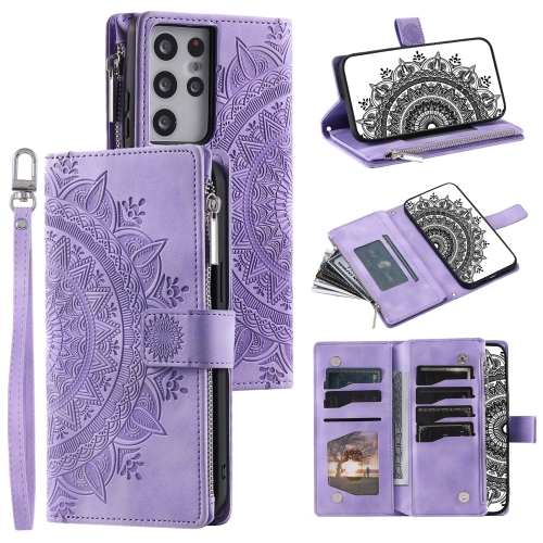 

For Samsung Galaxy S21 Ultra 5G Multi-Card Totem Zipper Leather Phone Case(Purple)
