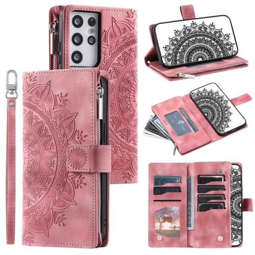 

For Samsung Galaxy S21 Ultra 5G Multi-Card Totem Zipper Leather Phone Case(Pink)