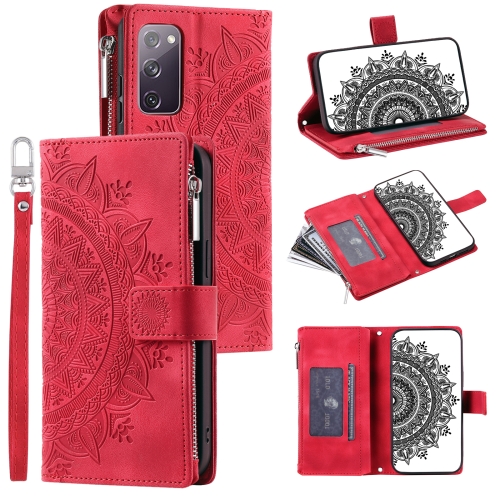 

For Samsung Galaxy S20 FE 4G / 5G Multi-Card Totem Zipper Leather Phone Case(Red)