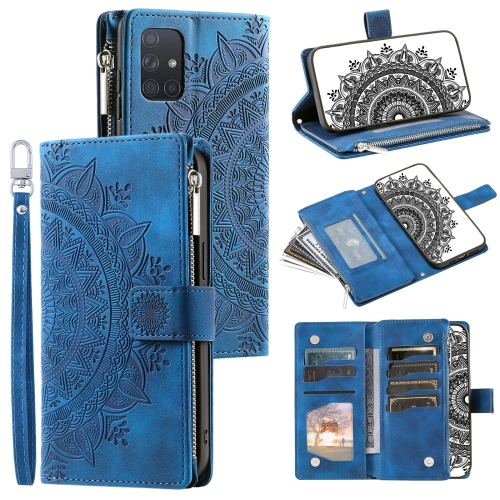 

For Samsung Galaxy A71 5G Multi-Card Totem Zipper Leather Phone Case(Blue)