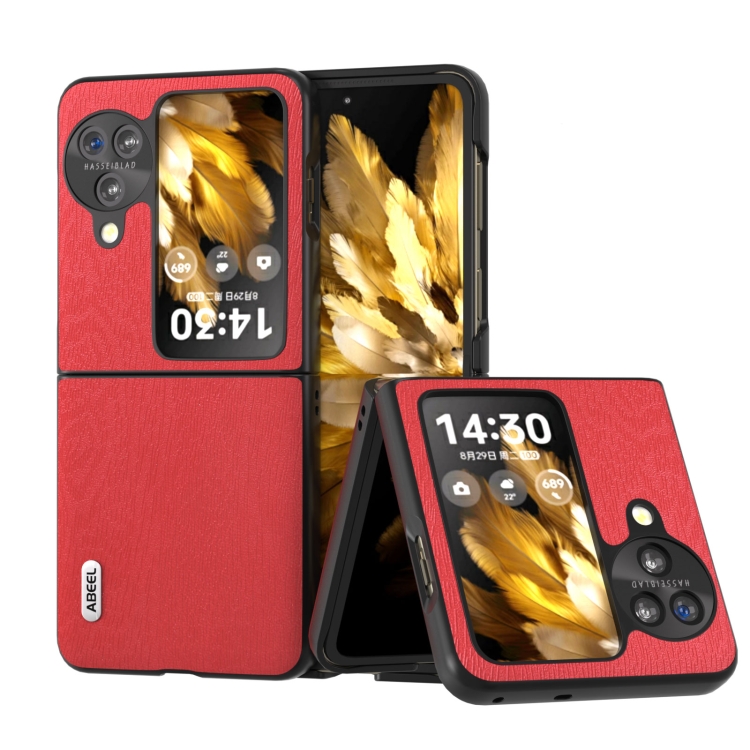 

For OPPO Find N3 Flip ABEEL Wood Texture PU Phone Case(Red)
