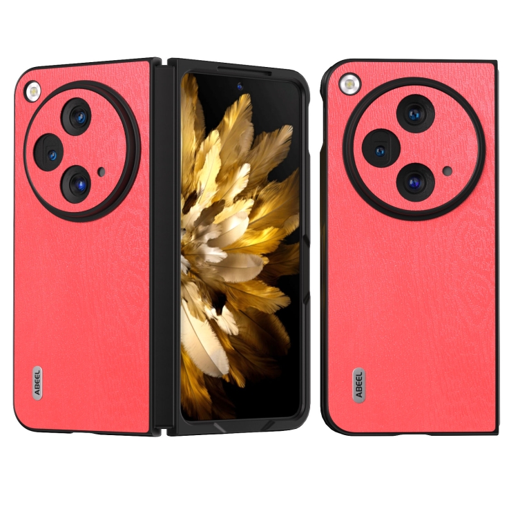 

For OPPO Find N3 ABEEL Wood Texture PU Phone Case(Red)