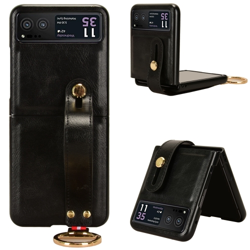 For Motorola Razr 40 Wristband Leather Back Phone Case(Black) two way radio waterproof bag case for motorola kenwood baofeng uv 5r uv b2 quansheng walkie talkie rainproof bag