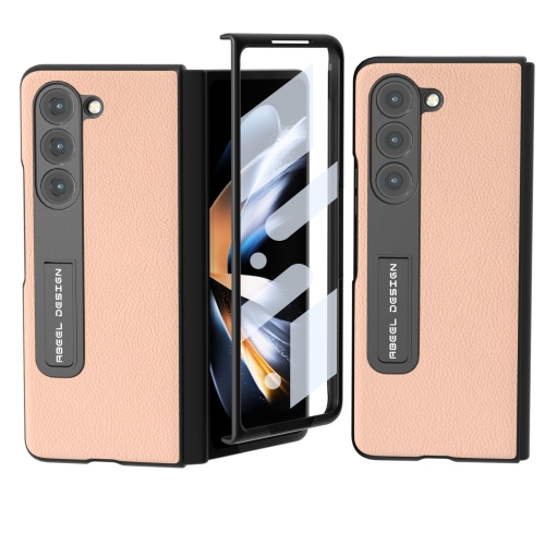 

For Samsung Galaxy Z Fold5 ABEEL Integrated Genuine Leather + PC Litchi Texture Phone Case with Holder(Pink Gold)