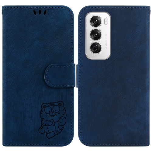 

For OPPO Reno12 5G Global Little Tiger Embossed Leather Phone Case(Dark Blue)