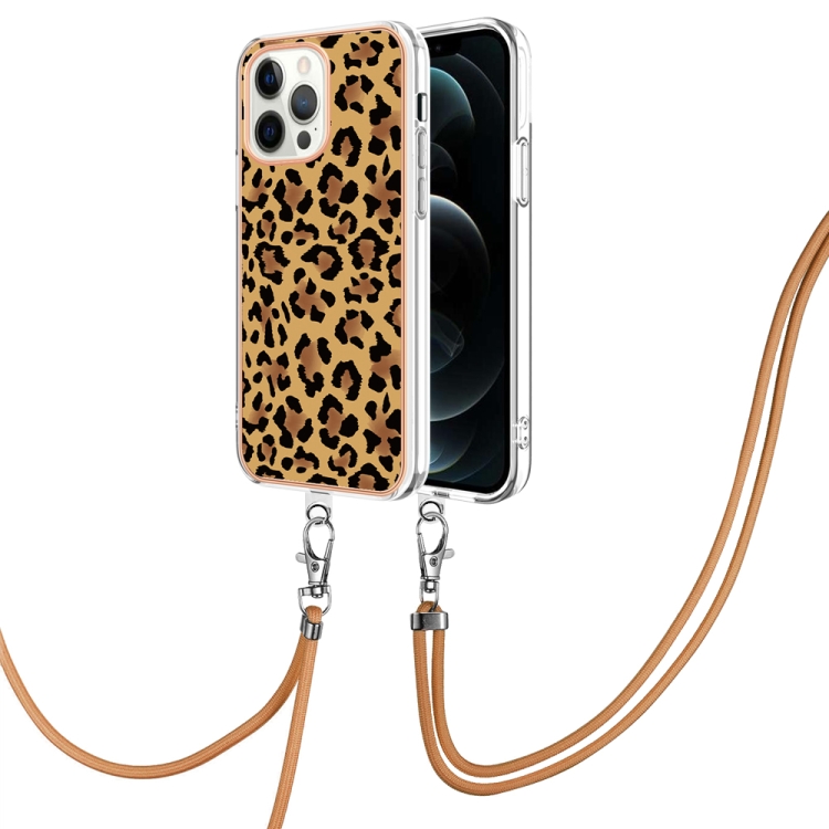 

For iPhone 12 / 12 Pro Electroplating Dual-side IMD Phone Case with Lanyard(Leopard Print)