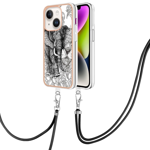 

For iPhone 14 Electroplating Dual-side IMD Phone Case with Lanyard(Totem Elephant)