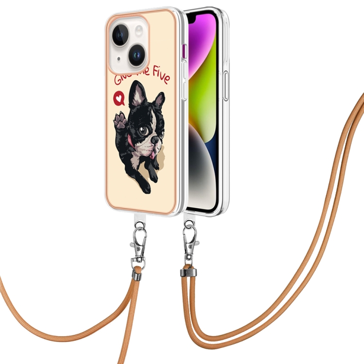 

For iPhone 14 Plus Electroplating Dual-side IMD Phone Case with Lanyard(Lucky Dog)