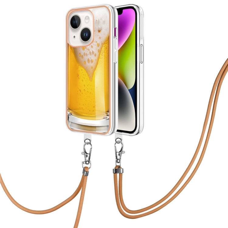 

For iPhone 14 Plus Electroplating Dual-side IMD Phone Case with Lanyard(Draft Beer)