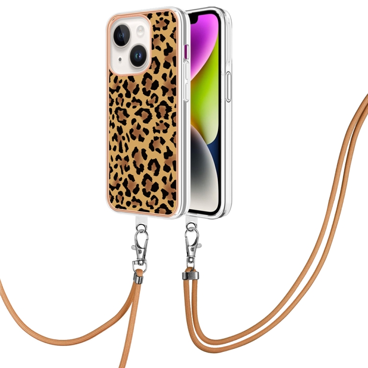 

For iPhone 15 Electroplating Dual-side IMD Phone Case with Lanyard(Leopard Print)