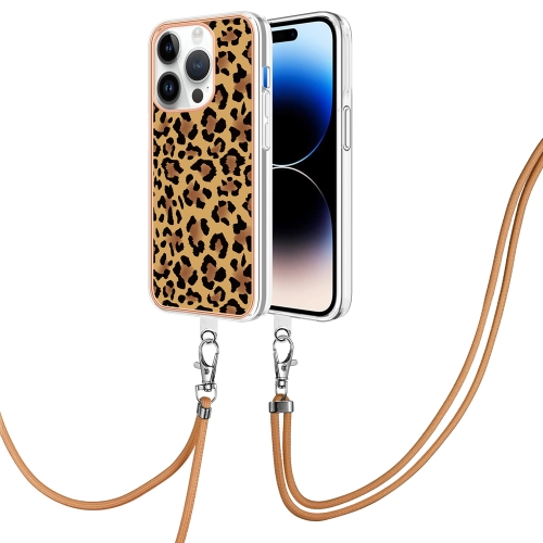 

For iPhone 15 Pro Electroplating Dual-side IMD Phone Case with Lanyard(Leopard Print)