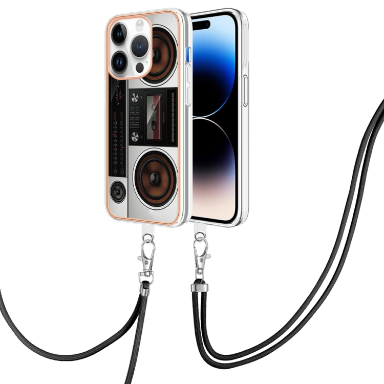 

For iPhone 14 Pro Max Electroplating Dual-side IMD Phone Case with Lanyard(Retro Radio)
