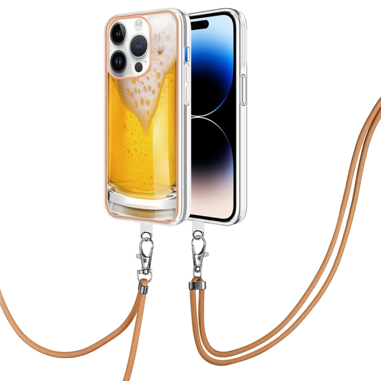 

For iPhone 14 Pro Max Electroplating Dual-side IMD Phone Case with Lanyard(Draft Beer)