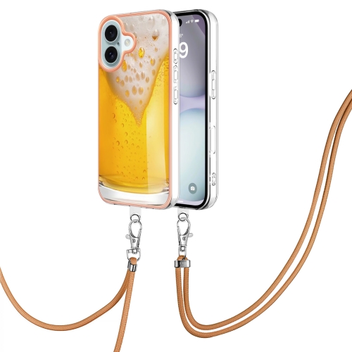 

For iPhone 16 Plus Electroplating Dual-side IMD Phone Case with Lanyard(Draft Beer)