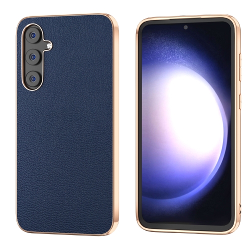 

For Samsung Galaxy S23 FE 5G Genuine Leather Luolai Series Nano Plating Phone Case(Dark Blue)