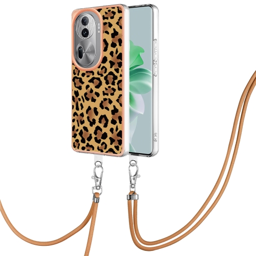 

For OPPO Reno11 Pro 5G Global Electroplating Dual-side IMD Phone Case with Lanyard(Leopard Print)