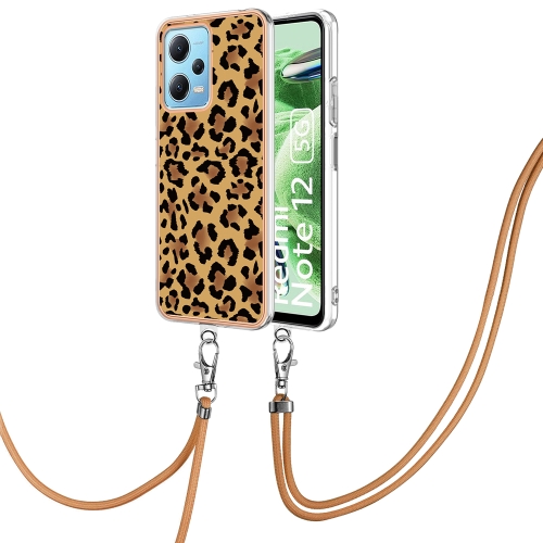 

For Xiaomi Redmi Note 12 5G Global Electroplating Dual-side IMD Phone Case with Lanyard(Leopard Print)
