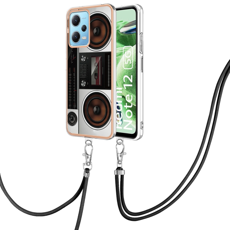 

For Xiaomi Redmi Note 12 5G Global Electroplating Dual-side IMD Phone Case with Lanyard(Retro Radio)