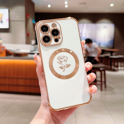 

For iPhone 15 Pro Max Electroplate Side Roses Flower MagSafe Phone Case(White)