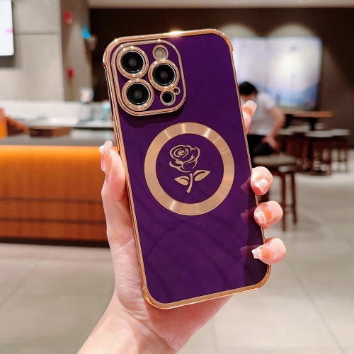 

For iPhone 15 Pro Electroplate Side Roses Flower MagSafe Phone Case(Dark Purple)