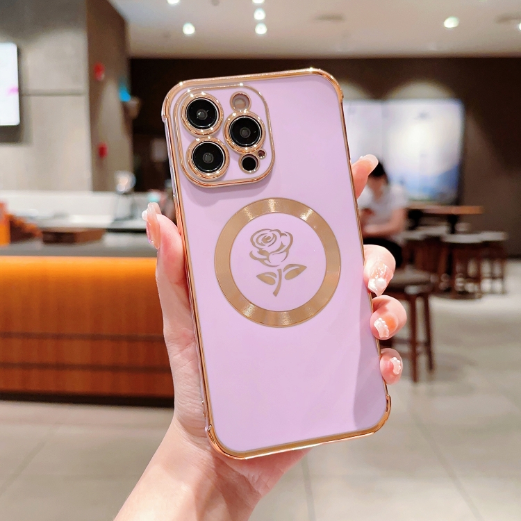 

For iPhone 15 Pro Electroplate Side Roses Flower MagSafe Phone Case(Purple)